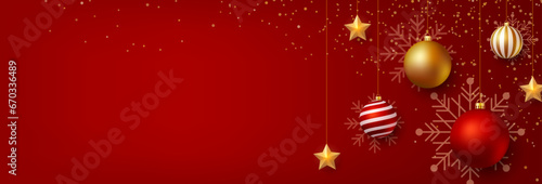 Christmas background. Christmas banner design with christmas balls, stars decoration. Holiday red  background template. Vector illustration