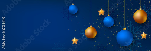 Christmas background. Christmas banner design with christmas decorations. Blue background template with text space. Vector illustration