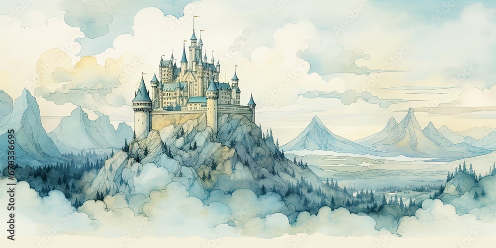 an illustration of a castle on a mountain, in the style of art nouveau organicity, generative AI - obrazy, fototapety, plakaty 