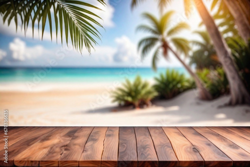 wooden table with beach background
