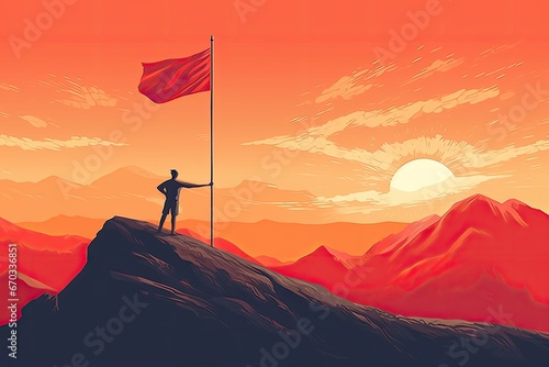 Heights Striking Illustration of Man Raising Flag on Mountain, Illuminated by Sun's Brilliance