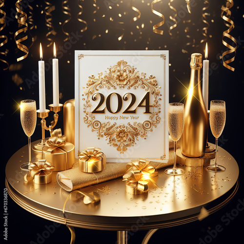 A decorated card with floral design with golden decor and 2024 welcome text