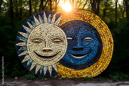 Face of the sun  A whimsical stone mosaic of a smiling sun and moon embracing in the sky  Garden  Park and home decoration using stone made Sun or Star