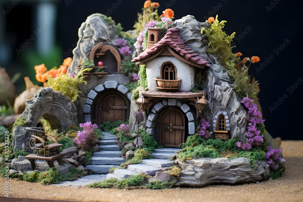 An enchanting stone fairy village in a hidden garden corner 