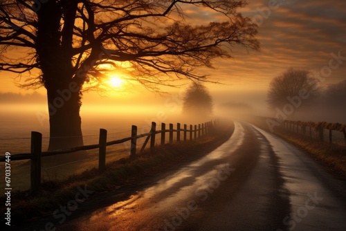A deserted road at dawn, bathed in the soft light of the rising sun