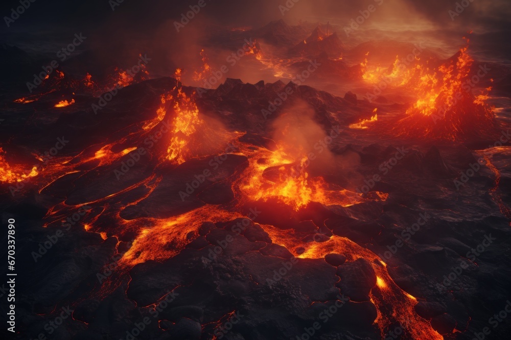 Aerial view of a dramatic volcanic landscape with active lava flows