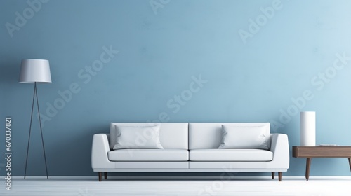 Blue colored wall with white sofa, in the style of light sky-blue minimalist backgrounds. © Goojournoon
