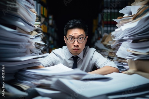 Young accounting man is stressed out with paper documents. photo