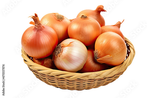 basket of onions on isolated transparent background