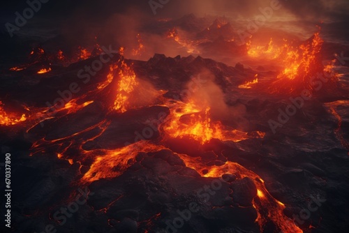 Aerial view of a dramatic volcanic landscape with active lava flows