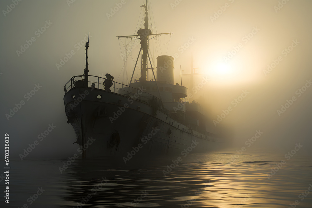 Fototapeta premium spectral ghost ship at foggy morning or evening. Neural network generated image. Not based on any actual person or scene.