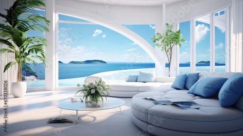 Home living room with a view of the ocean. © Goojournoon