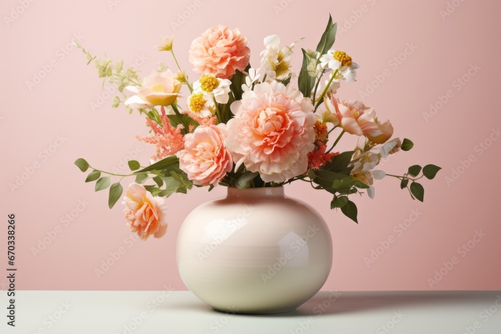 Floral spring arrangement mockup with a vase of blooming flowers and greenery