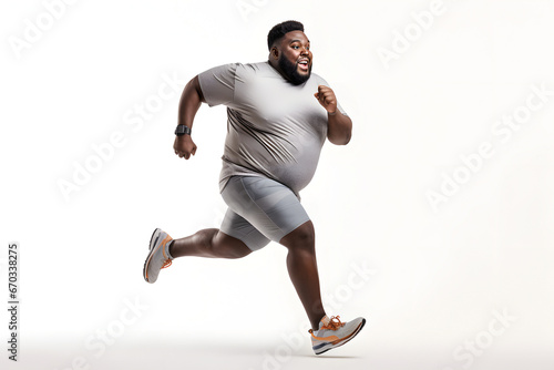 Overweight young adult African American man running on white background, concept of overweight and weight loss. Neural network generated image. Not based on any actual person or scene.