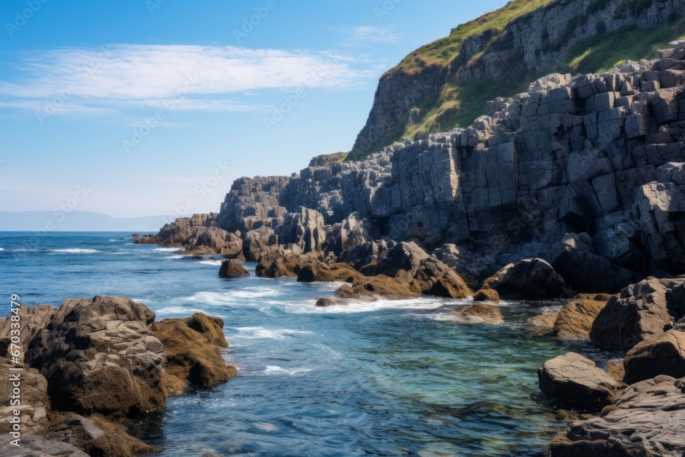 Rocky coast under a clear blue sky background with rugged cliffs
