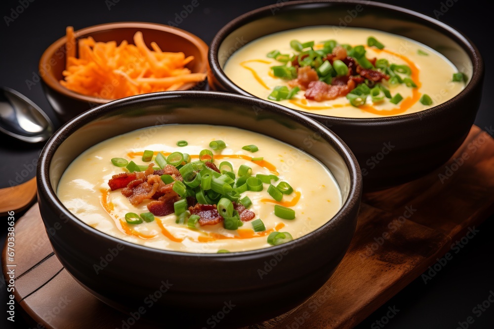A bowl of creamy bacon and cheddar soup garnished with green onions