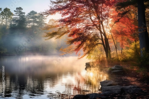 A captivating shot of mist rising from a tranquil pond surrounded by colorful trees, evoking the quiet serenity of a fall morning © KerXing
