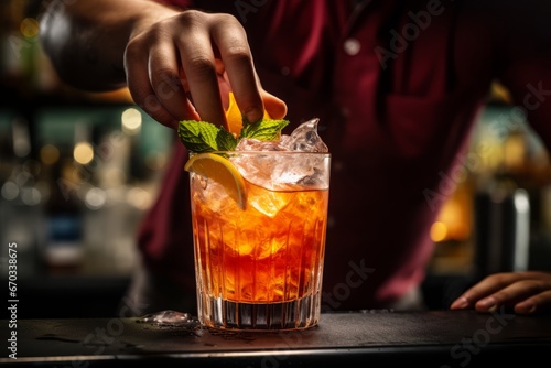 A close up of a bartender expertly mixing a vibrant rum punch cocktail, showcasing the artistry of drink preparation photo