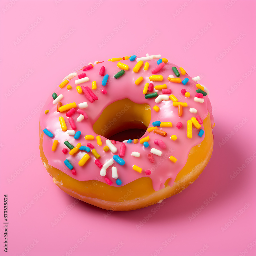 Pink donut with rainbow sprinkles and pink background. Pink donut with rainbow sprinkles and pink background.