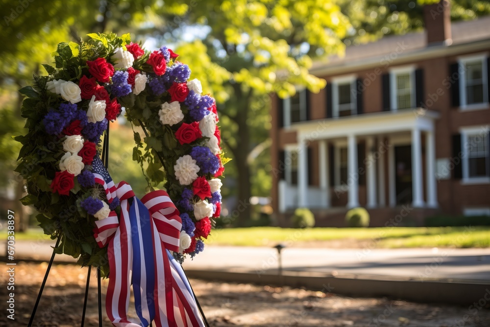 A Patriot Day memorial adorned with wreaths, ribbons, and an American flag at half mast