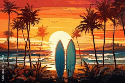  Surfing Serenity Sunset and Surfboard