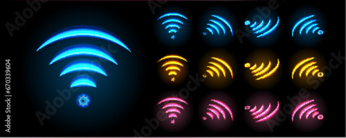 Wi-Fi light effect, blue, red and yellow glowing signal sensor waves internet wireless connection. Wireless technology digital radar or sonar with glowing light effect. Vector