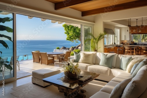 Beach house elegance with panoramic ocean views and comfortable seating