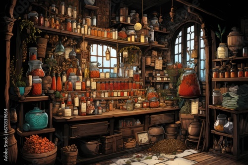 Illustration of a Colorful Shop Offering a Treasure Trove of Spices