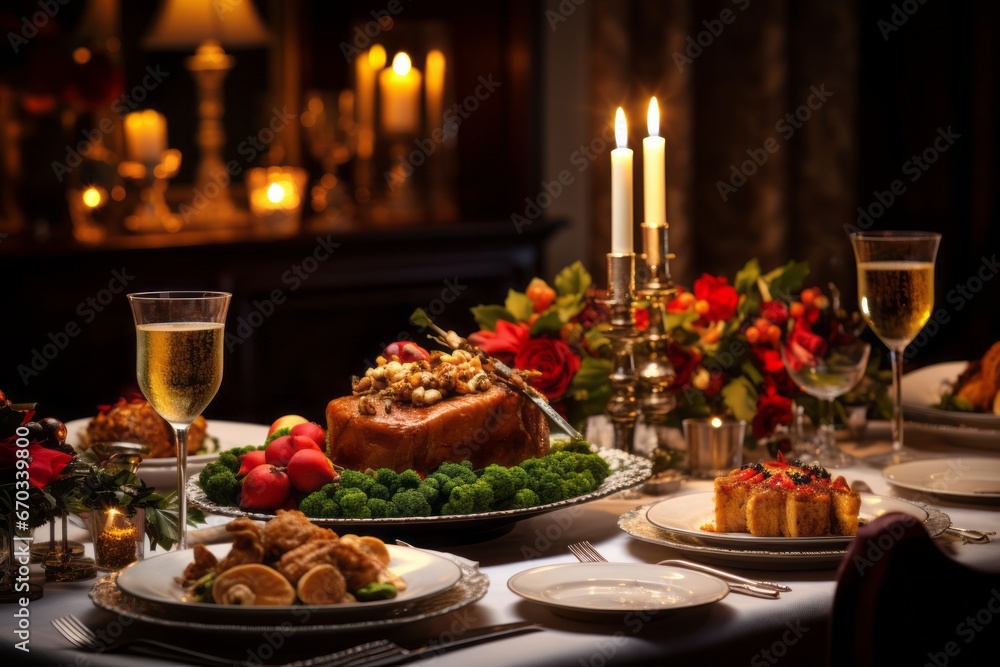 Candlelit Christmas dinner table with festive dishes