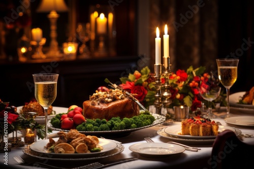 Candlelit Christmas dinner table with festive dishes