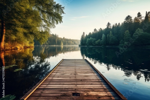 Charming wooden pier extending into a calm lake surrounded by nature photo