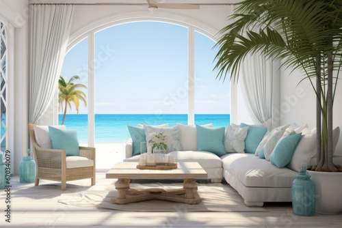 Coastal elegance captured in a beach house scene with turquoise waters © KerXing