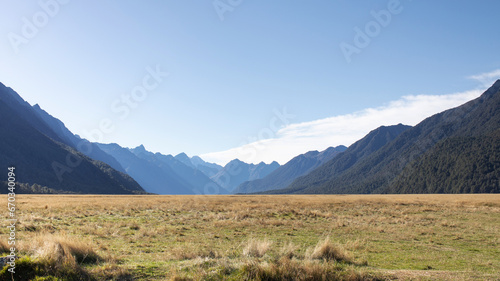 Landscape of mountains and meadows in New Zealand. Nature