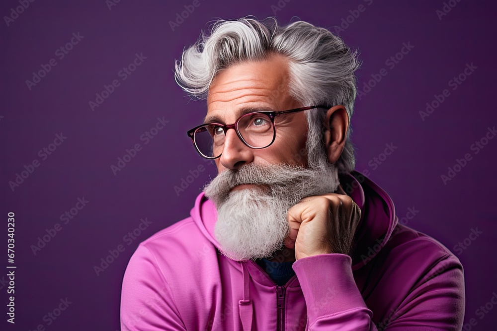 Portrait of an elderly man with a large gray beard and lush hair with a thoughtful look. Close-up. Generated by AI.