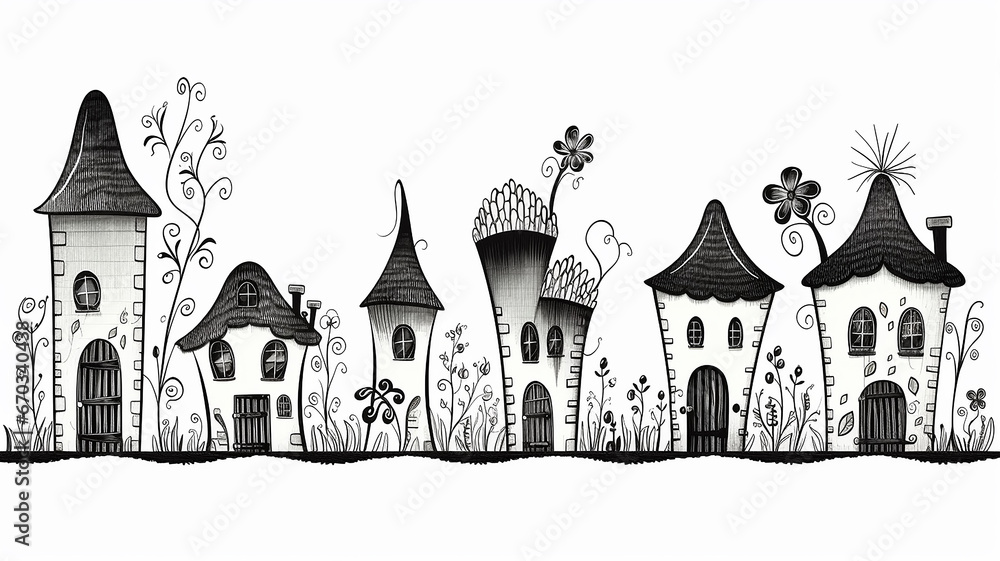 doodle black and white illustration outline of small houses for children's coloring, empty silhouettes of fictional abstract fairy-tale small houses doodle black and white illustration outline of small houses for children's coloring, empty silhouettes of fictional abstract fairy-tale small houses
