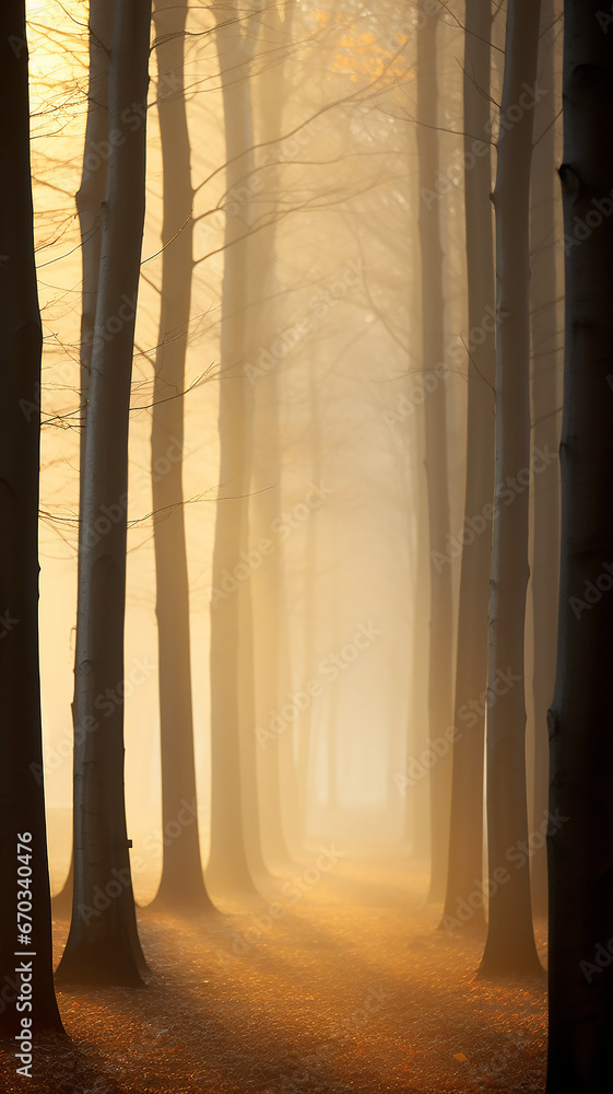 Obraz premium vertical panorama of autumn morning fog in the forest, yellow light tones of autumn forest, foggy morning landscape in the park
