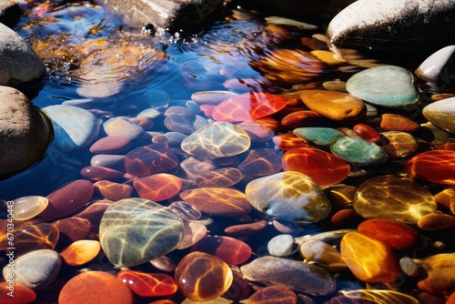Crystal-clear water flowing over colorful pebbles in a stream