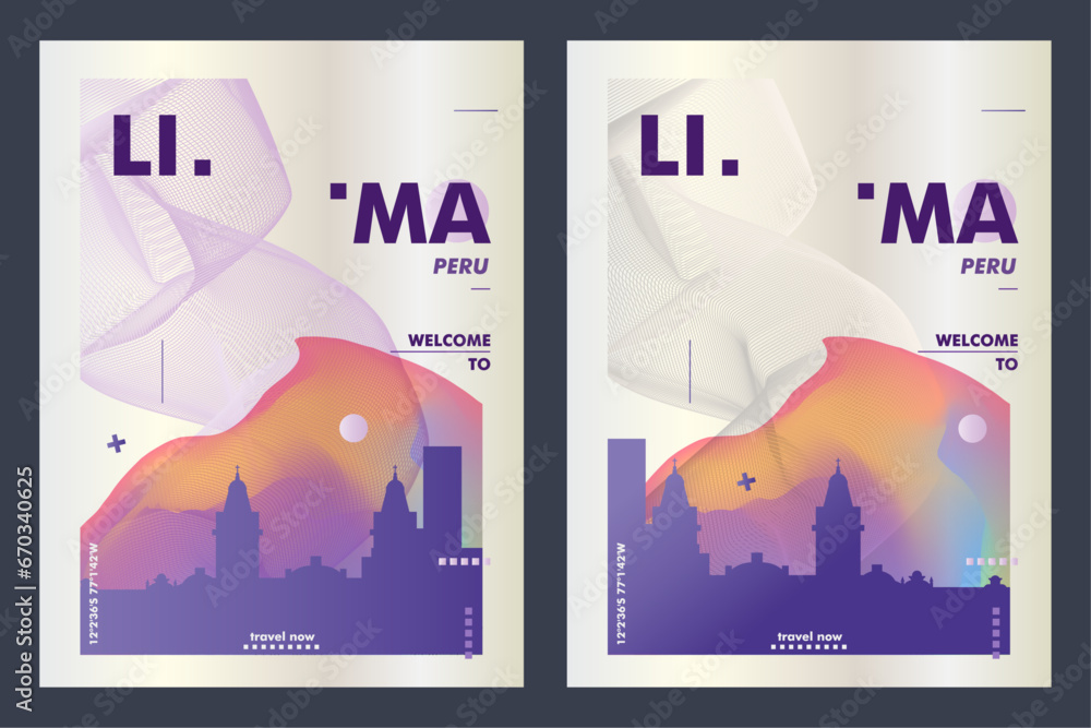 Lima city poster pack with abstract skyline, cityscape, landmark and attraction. Peru travel vector illustration layout set for vertical brochure, website, flyer, presentation
