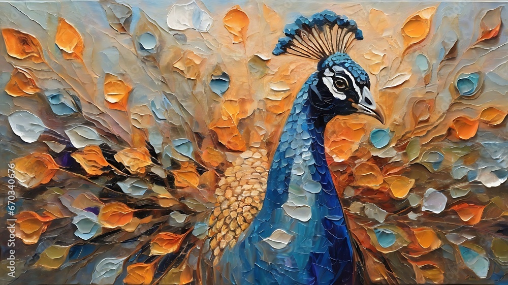 “Fluorite” - oil painting. Conceptual abstract picture of the peacock . Oil painting in colorful colors. Conceptual abstract closeup of an oil painting and palette knife on canvas. - obrazy, fototapety, plakaty 