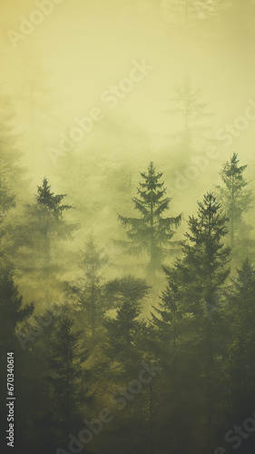 vertical background foggy landscape of autumn forest  panoramic view of taiga  tall trees in the northern fog of autumn
