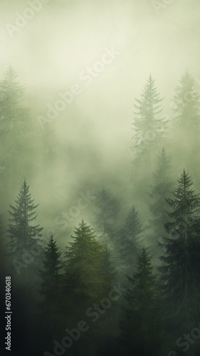 vertical background foggy landscape of autumn forest, panoramic view of taiga, tall trees in the northern fog of autumn © kichigin19