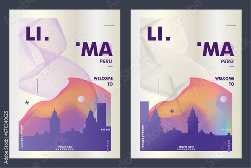 Lima city poster pack with abstract skyline, cityscape, landmark and attraction. Peru travel vector illustration layout set for vertical brochure, website, flyer, presentation