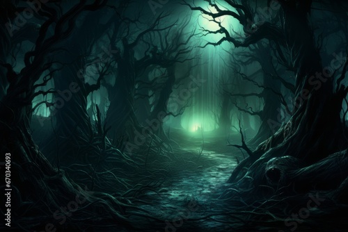 Eerie forest with twisted trees and glowing eyes