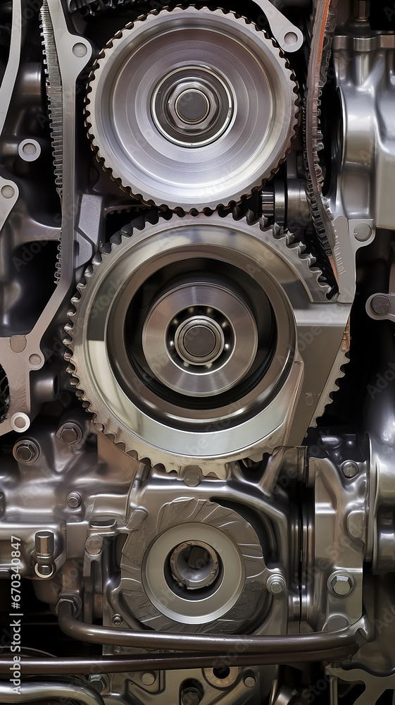 vertical background timing belt, metal parts of the gear of the car engine inside, service inspection vertical background timing belt, metal parts of the gear of the car engine inside, service inspection