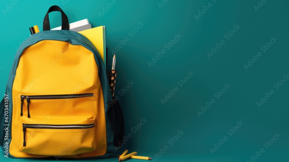 School bag with stationery. Back to school ad poster. Yellow college students backpack equipment with pencils and pen. - obrazy, fototapety, plakaty 