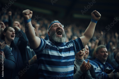 Rugby fan is cheering for his team.