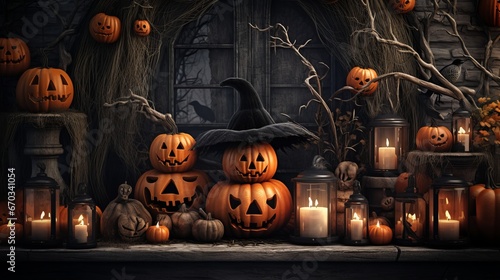 Festive Halloween decorations featuring pumpkins, witches, and ghosts, perfect for creating a spooky atmosphere © KerXing