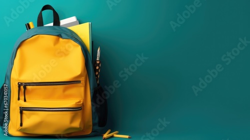 School bag with stationery. Back to school ad poster. Yellow college students backpack equipment with pencils and pen.
