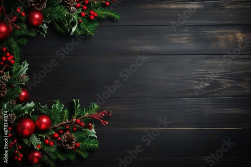 Festive christmas wreath on a rustic black wooden background