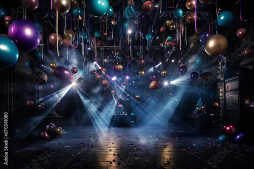 Vibrant room filled with colorful balloons and sparkling lights